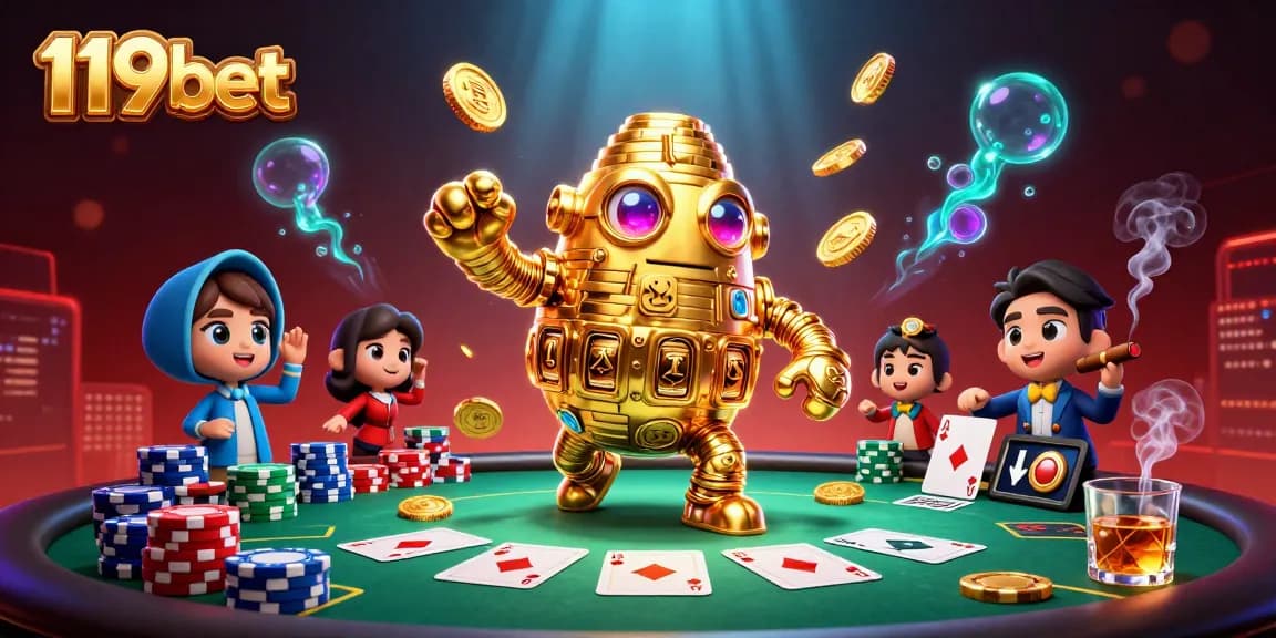 Experience the thrill of 119bet with vibrant casino elements and a dynamic golden golem.