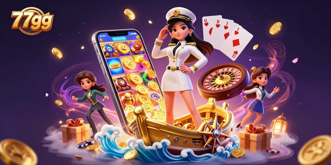 Bet on exciting games with 77gg, featuring a commanding figure amidst vibrant casino elements.