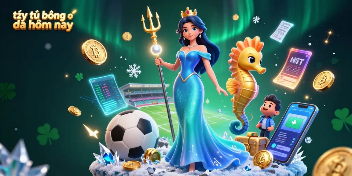 Engage with tỷ lệ bóng đá hôm nay, showcasing a stunning woman and a seahorse king amidst vibrant sports betting elements.