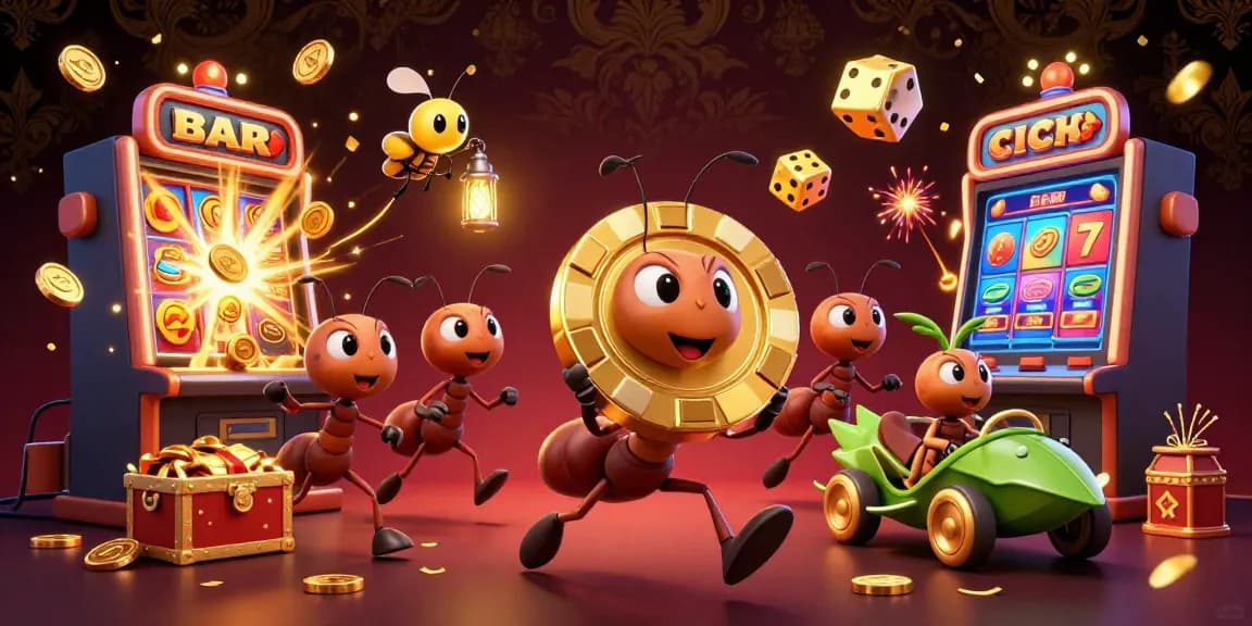 Experience thrilling shbet action with ants carrying a massive poker chip in a colorful, dynamic casino scene.