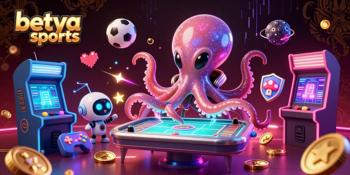 Betya sports illustration depicting an alien octopus and robot at a holographic sports betting table.