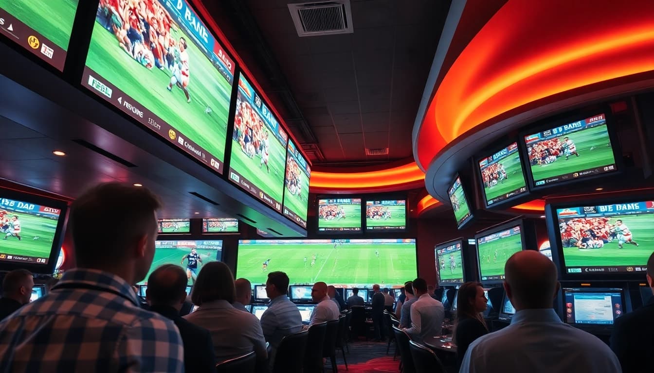 paris sportifs rugby avec des parieurs enthousiastes à un casino, soulignant l'excitation des paris.