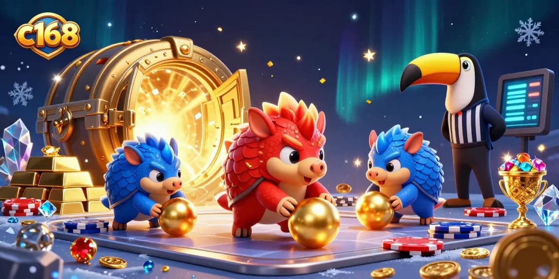 Experience thrilling action at c168 as pangolins bowl through poker chips with golden treasures surrounding them.