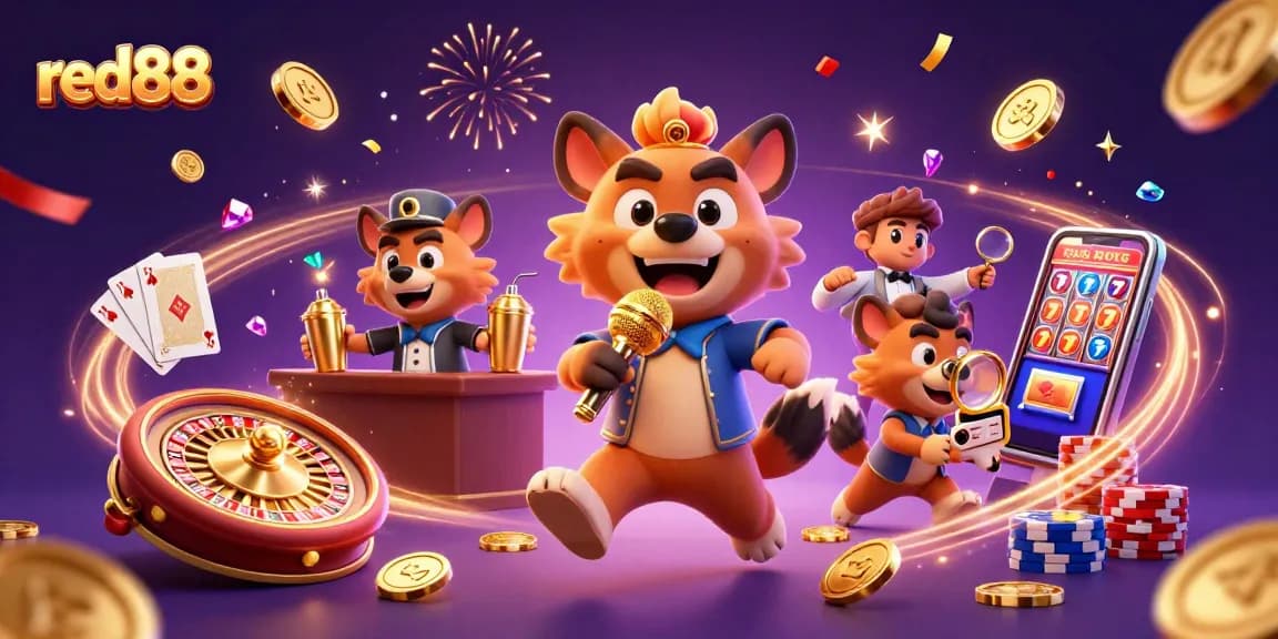 Engaging red88 casino scene with hyenas as entertainers, showcasing gaming excitement and fun.