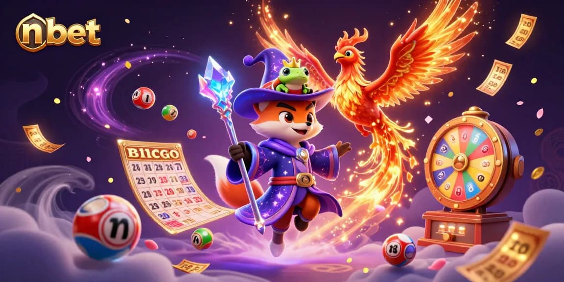 Engaging n bet bingo scene showcasing a mystical fox and phoenix with vibrant lottery action.