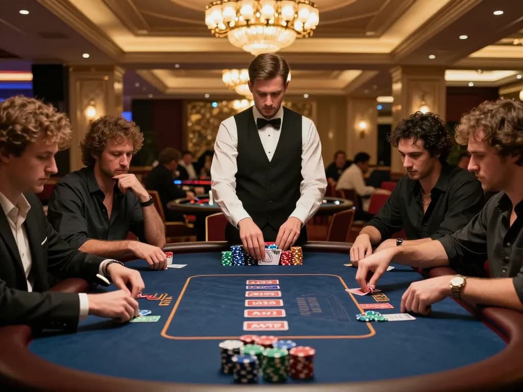 Cena de mesa de poker AAVIP exibindo jogos de alto risco com intenso foco nos jogadores e pilhas de fichas vibrantes