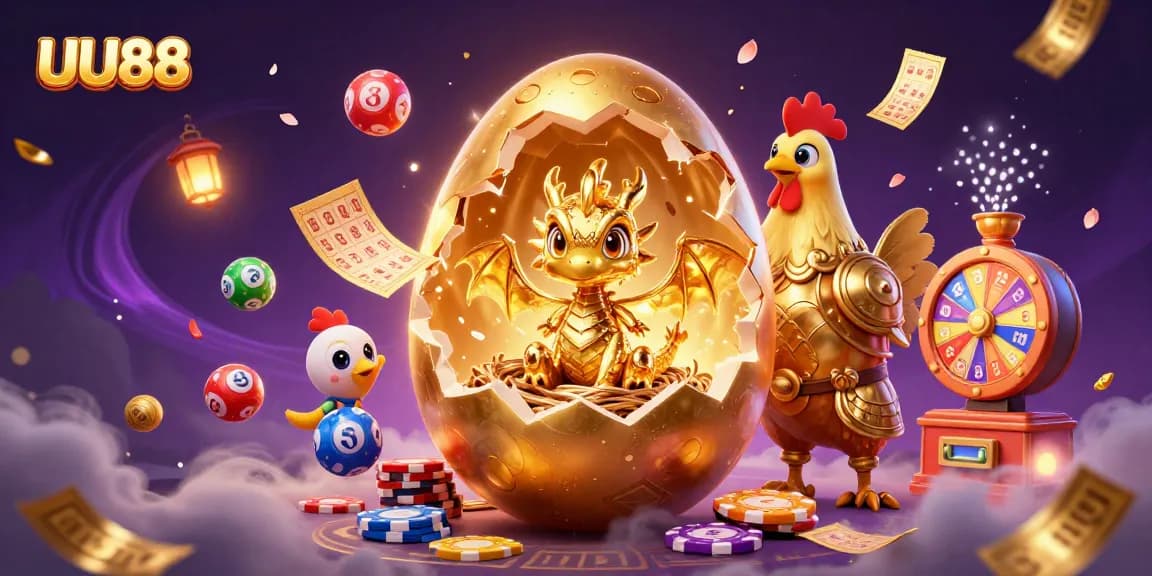Experience UU88's exciting golden dragon theme with colorful lottery elements and dynamic gambling action.