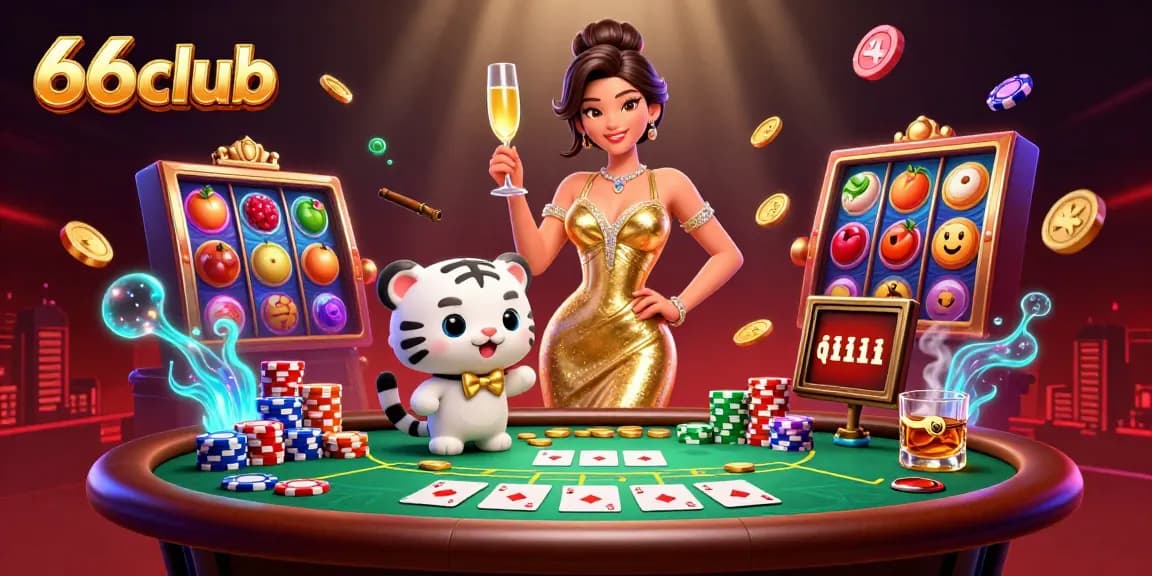 Experience thrilling games at 66club with a glamorous woman and a lucky white tiger in a vibrant casino scene.