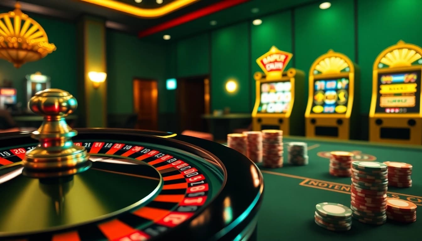 Experience online gaming excitement at i9bet com with a luxurious casino atmosphere featuring roulette, poker chips, and slot machines.