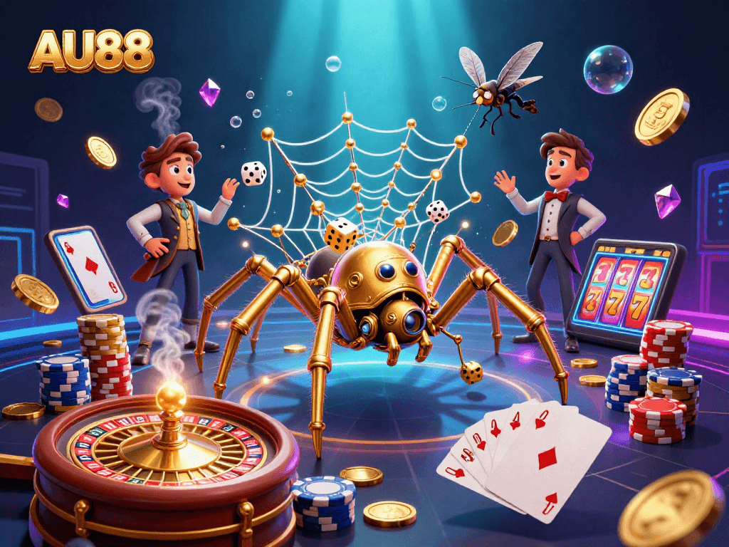 Experience the excitement of AU88 with a vibrant casino scene featuring rich 3D elements.