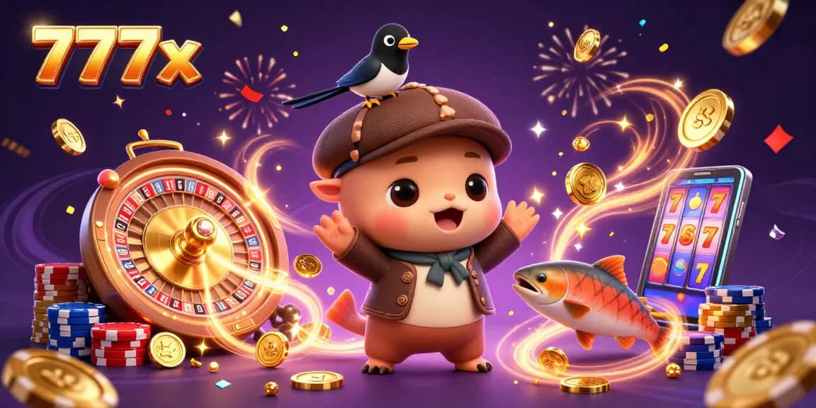 Win big with 777x while enjoying a vibrant casino scene featuring playful characters and dynamic game elements.