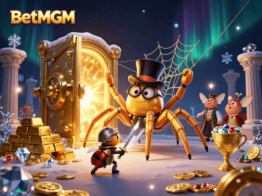 Experience the thrill of BetMGM with a dynamic scene of a golden tarantula weaving a web of wealth amidst shimmering treasures.