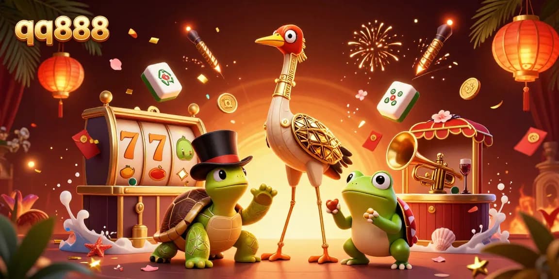 Divirta-se com emocionantes slots no qq888 com personagens de desenhos animados vibrantes em um ambiente de cassino animado.