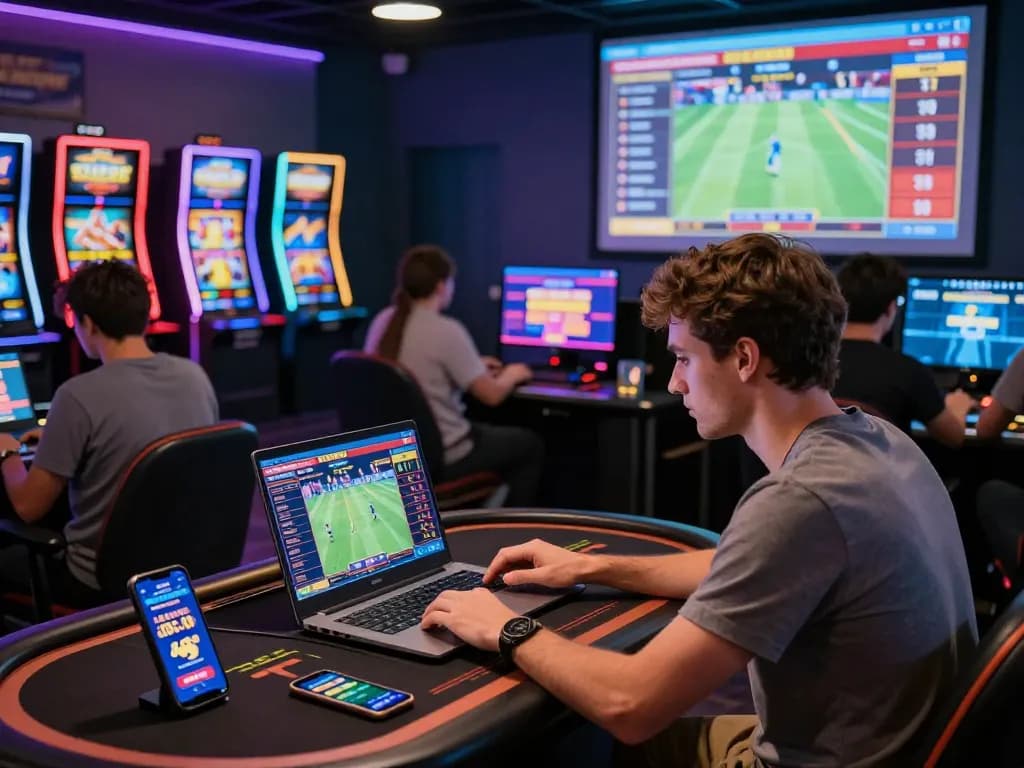 Engaging online gambling scene at ok365.br.com with players immersed in digital betting activities and live sports.