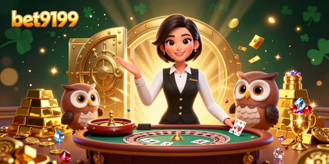 bet9199 live casino illustration featuring Asian dealer and owl assistant at baccarat table