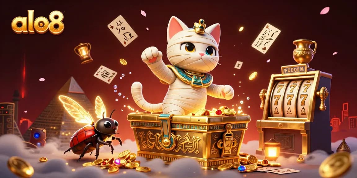 Experience thrilling gameplay with alo8 featuring a dynamic scene of a mummy cat in a casino