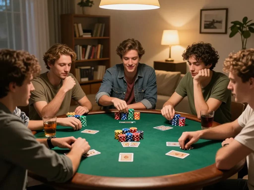Friends enjoying a lively poker night with rokok 88 strategies, colorful chips, and warm ambient lighting.