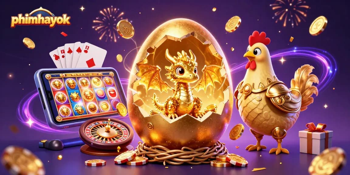 Experience thrilling gameplay at phimhayok with our vibrant 3D casino illustration featuring golden elements and dynamic games.