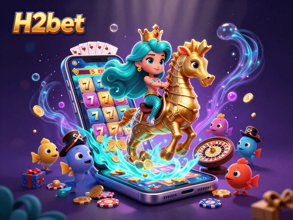 H2bet inspired 3D illustration of a mermaid princess riding a seahorse amidst slot game elements.
