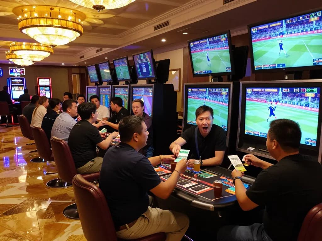 Excited sports fans engaging in betting at rokok 88 casino, animated discussions and betting slips visible