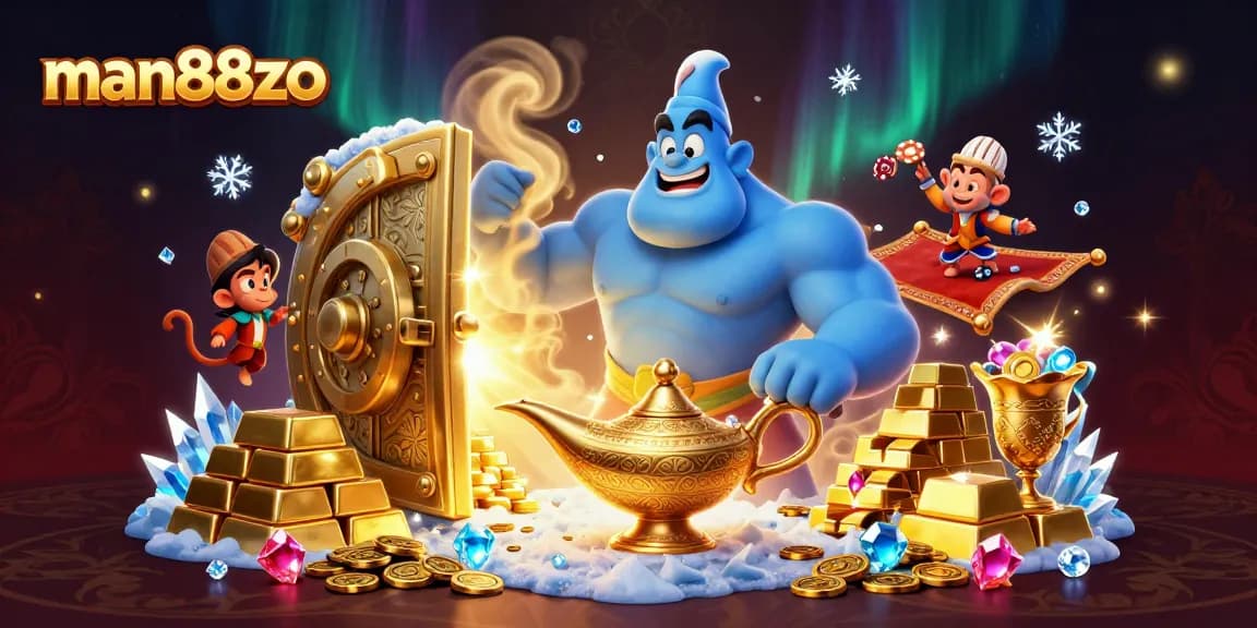 Experience exhilarating gameplay with man88zo's 3D genie and poker-themed treasures in an imaginative scene.