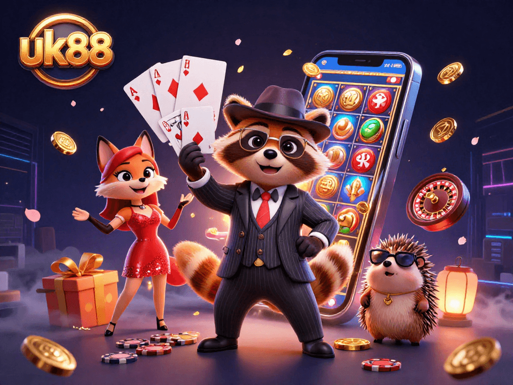 Experience uk88's thrilling gaming scene with a suave raccoon, fashionable fox, and bouncer amidst vibrant casino elements.