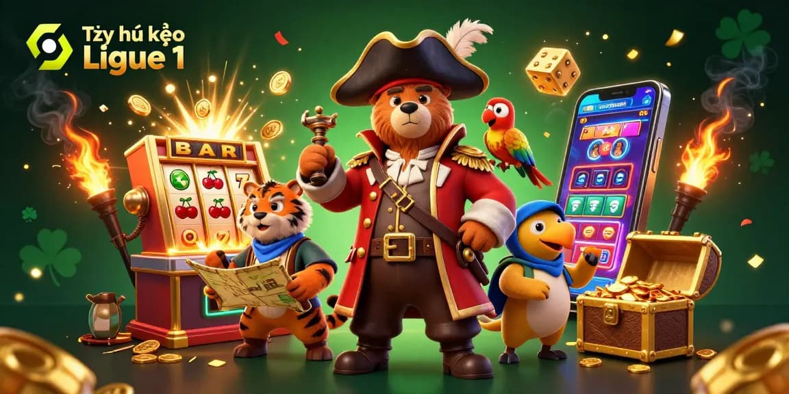 Engage in Tỷ lệ kèo Ligue 1 betting as cartoon characters share jackpot excitement with slot machines.
