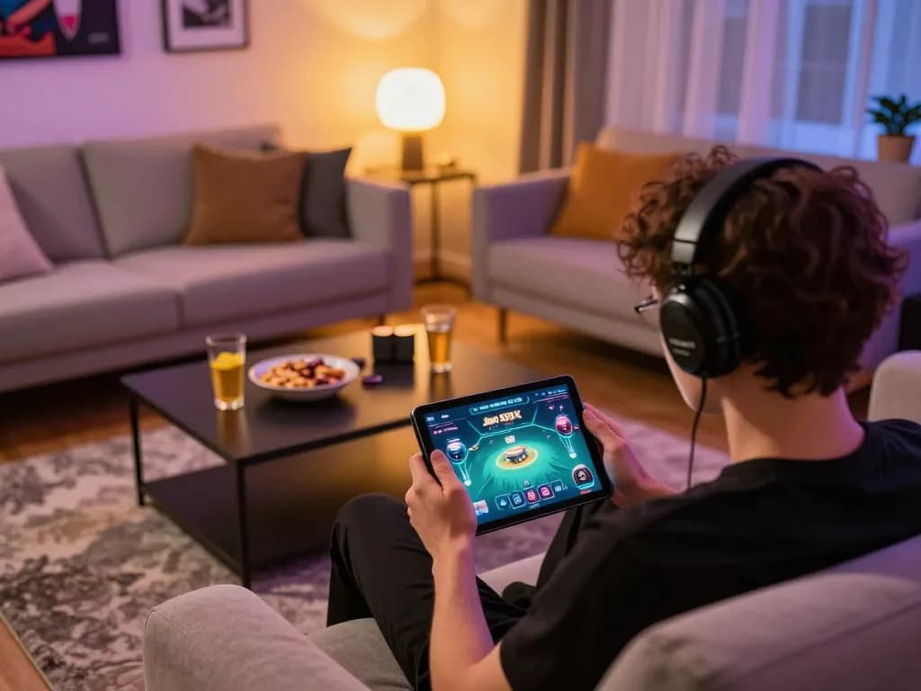Engaging in Jogo 559X on a tablet in a cozy home setting with snacks and drinks.