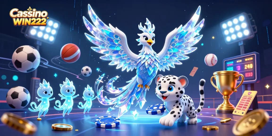 Engage with Cassino WIN222's stunning visuals, showcasing an ice phoenix and adventure-filled casino elements.