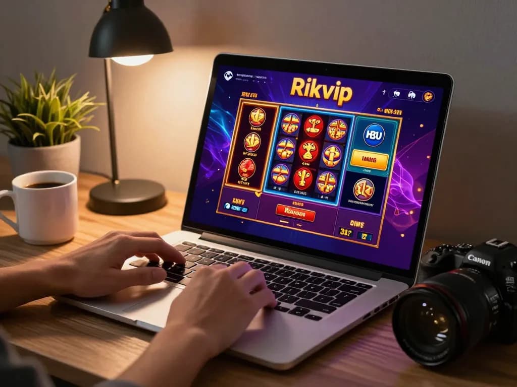 Players engaging with Rikvip's online casino games on a modern laptop in a cozy home setting