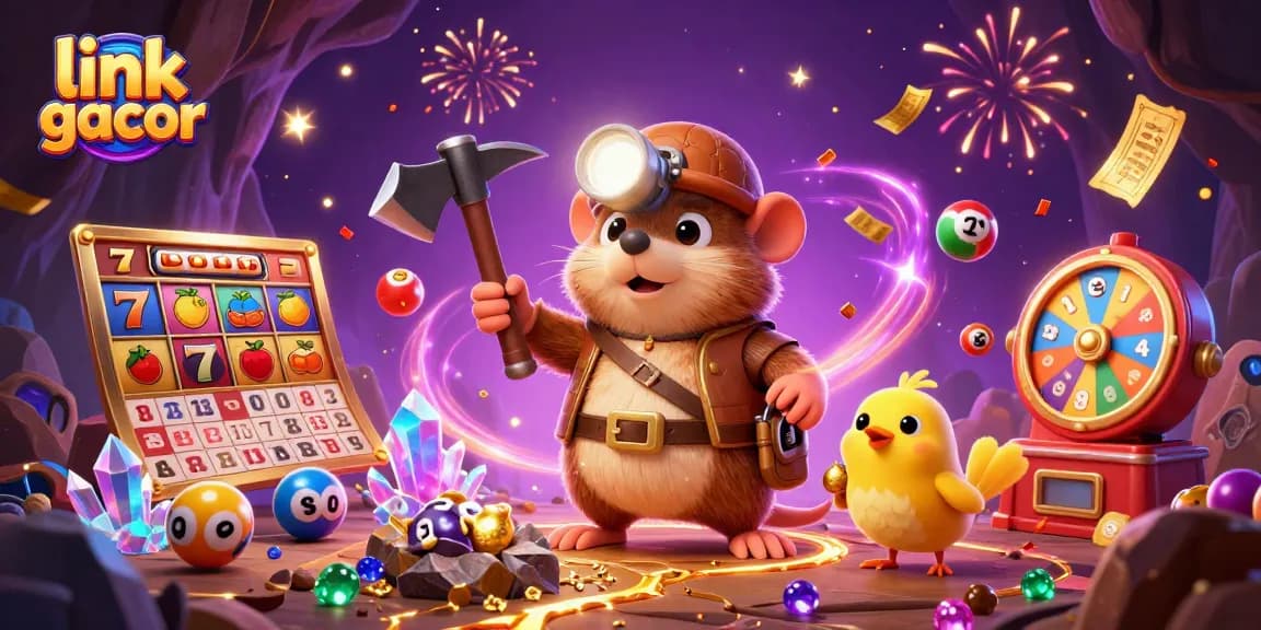 Play exciting games with link gacor and win big in this lively casino-themed illustration featuring vibrant slots and elements!