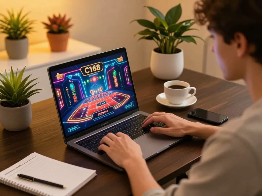C168 player engaging with exciting online casino graphics during a focused gaming session