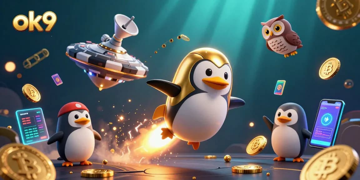 Experience the excitement of ok9 with a golden penguin soaring towards a poker chip casino in space.