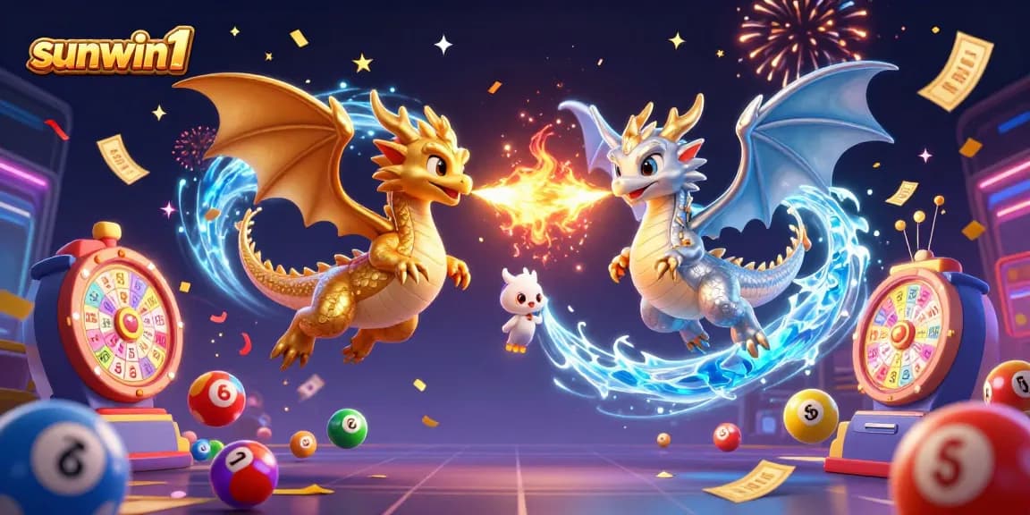 Experience excitement with sunwin1 as dragons battle in a colorful lottery-themed casino illustration.