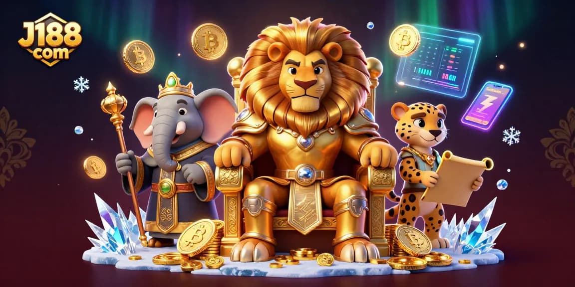 Win with J188 com in an exciting 3D casino scene featuring royal characters and crypto elements.