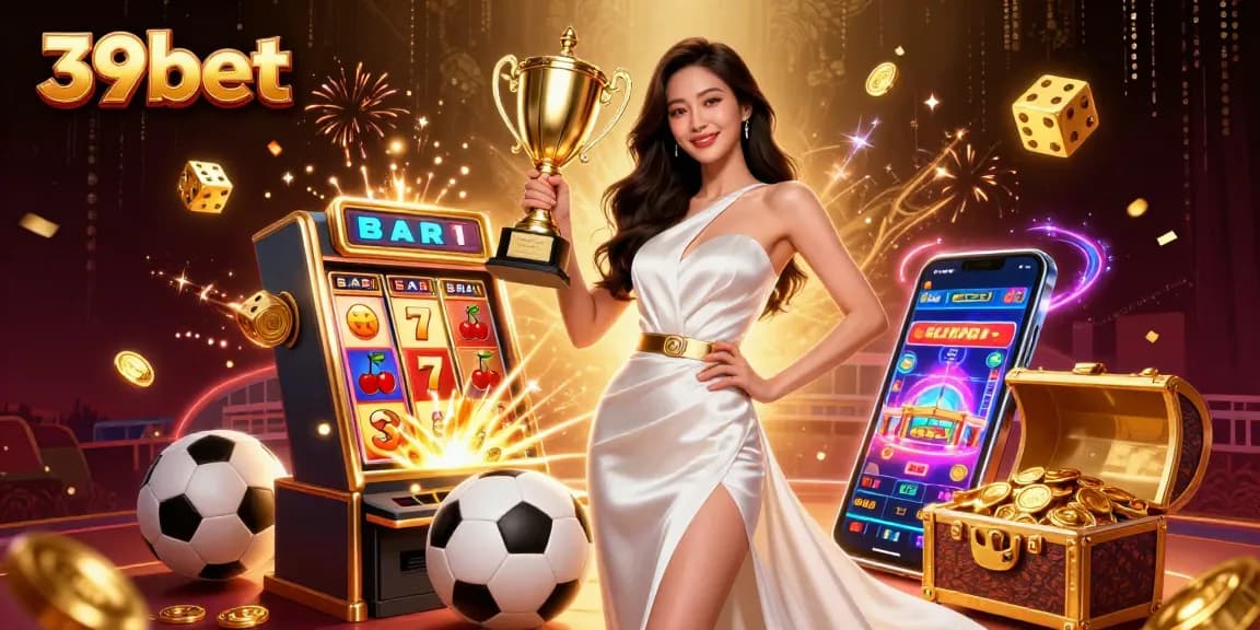 Experience the thrill of winning with 39bet's sports betting elements and prizes in a captivating 3D casino scene.
