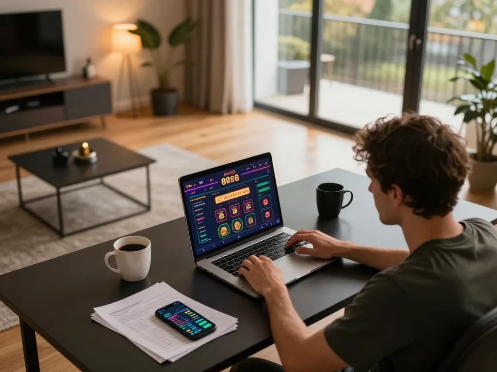 Engaging in online casino gaming on rokok 88 with focus on strategy notes and laptop