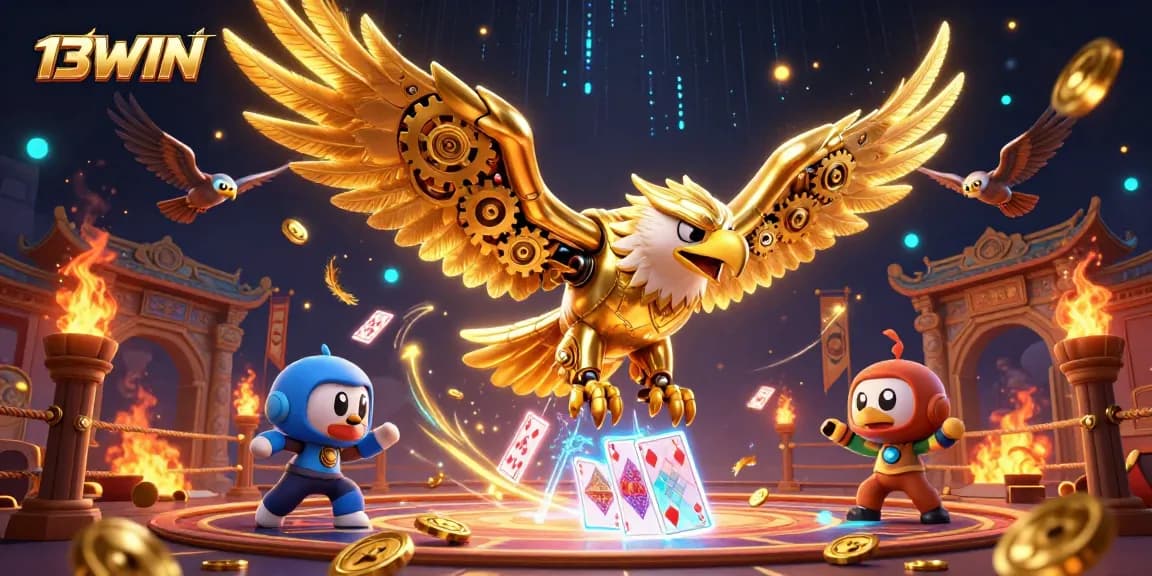13WIN showcases a dynamic 3D illustration with golden eagle and holographic cards, emphasizing exciting casino experiences.