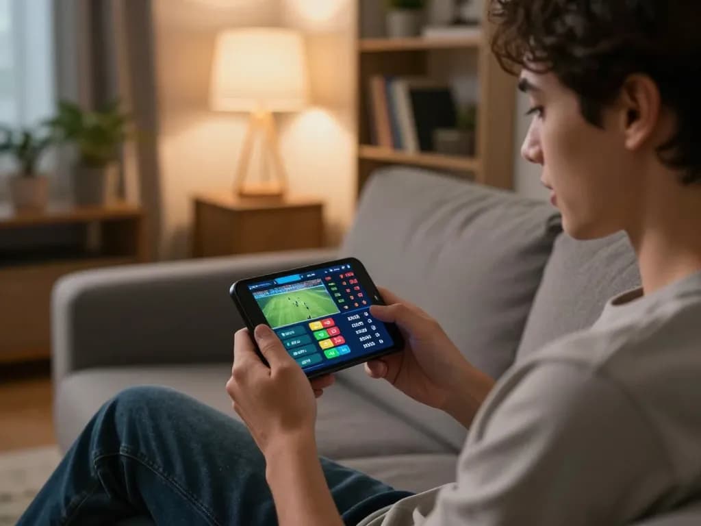 Engaging in online sports betting through smartphone while analyzing x333 Link odds in a cozy setting.
