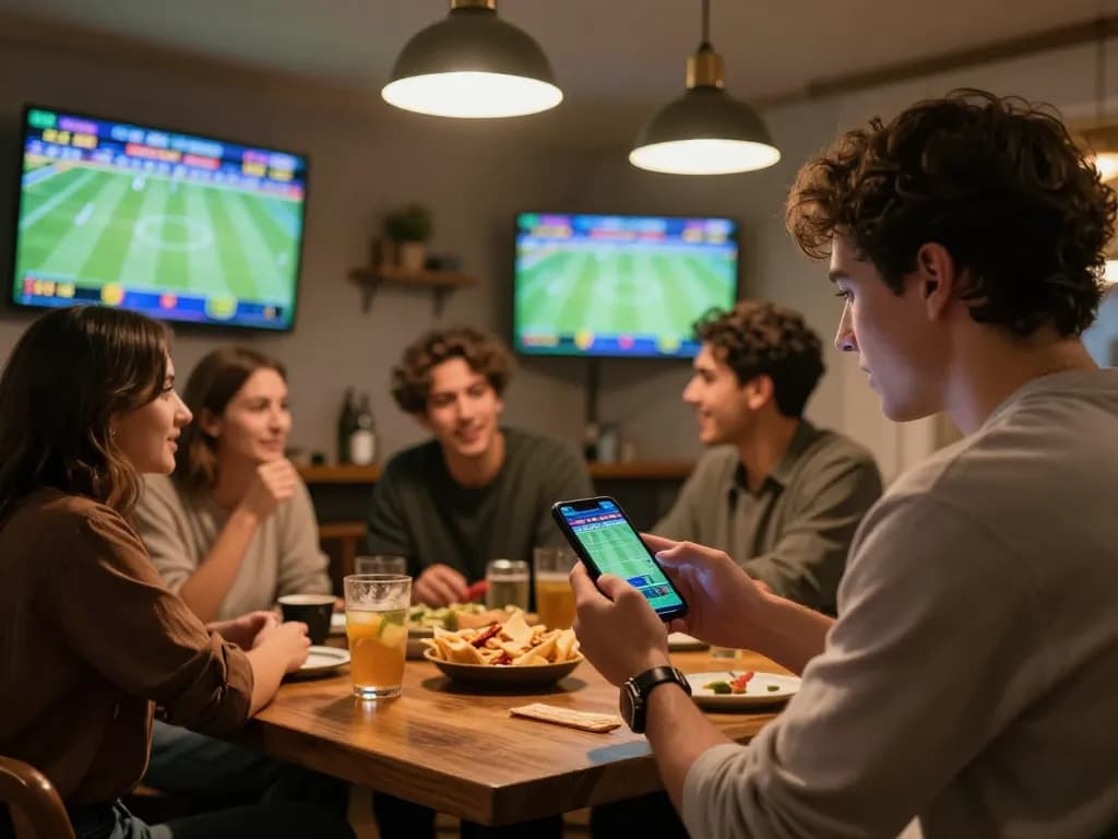Person engaging with king33 mobile app for sports betting during friendly gathering