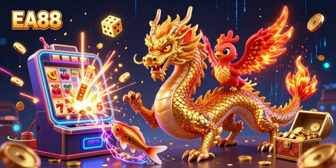EA88 engages with a dynamic casino scene featuring a fierce dragon, phoenix, and koi fish amidst jackpot excitement.