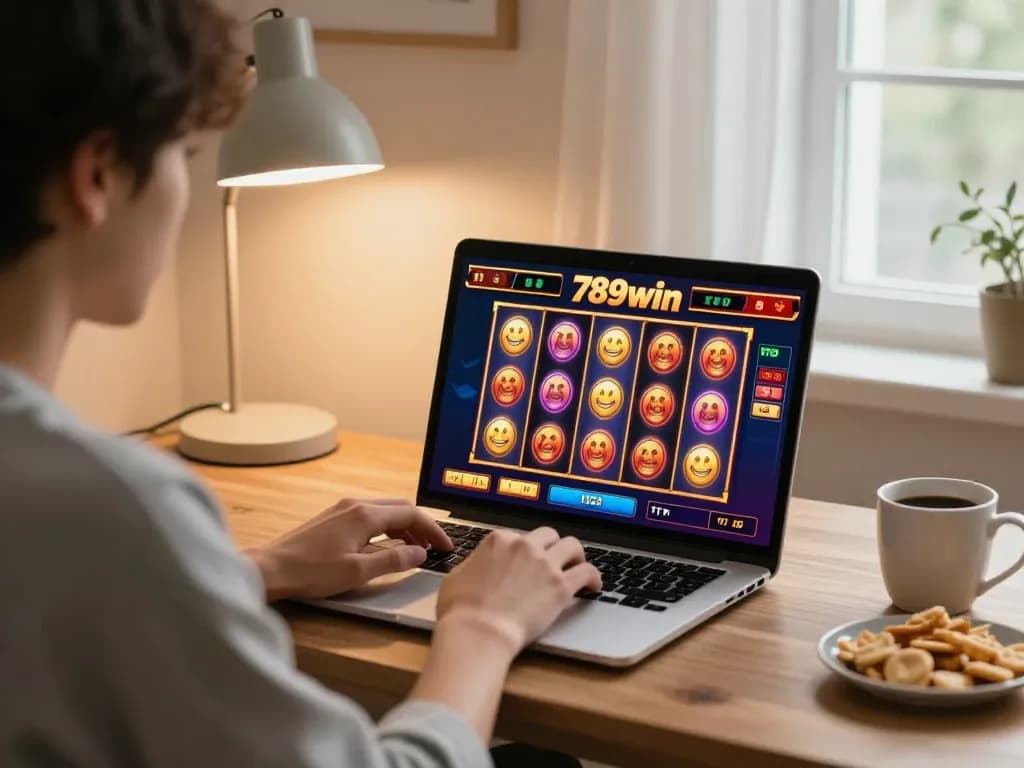 Engaged player spinning slots on 789win in a cozy home setting, emphasizing comfortable online gambling.