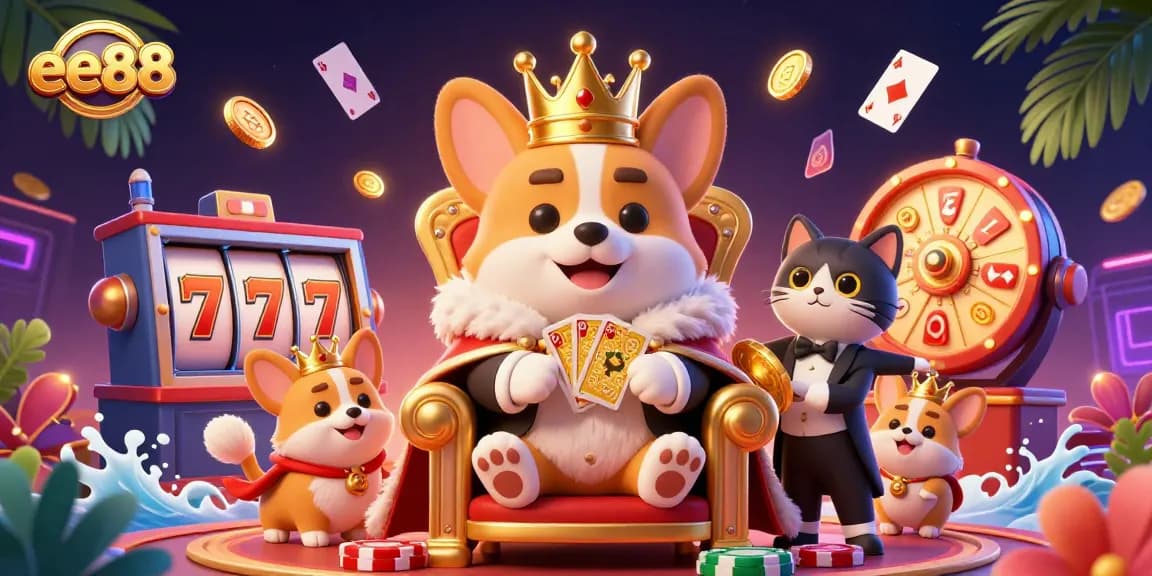 Experience exciting casino games with ee88 featuring a royal corgi, colorful slot reels, and vibrant gaming elements.