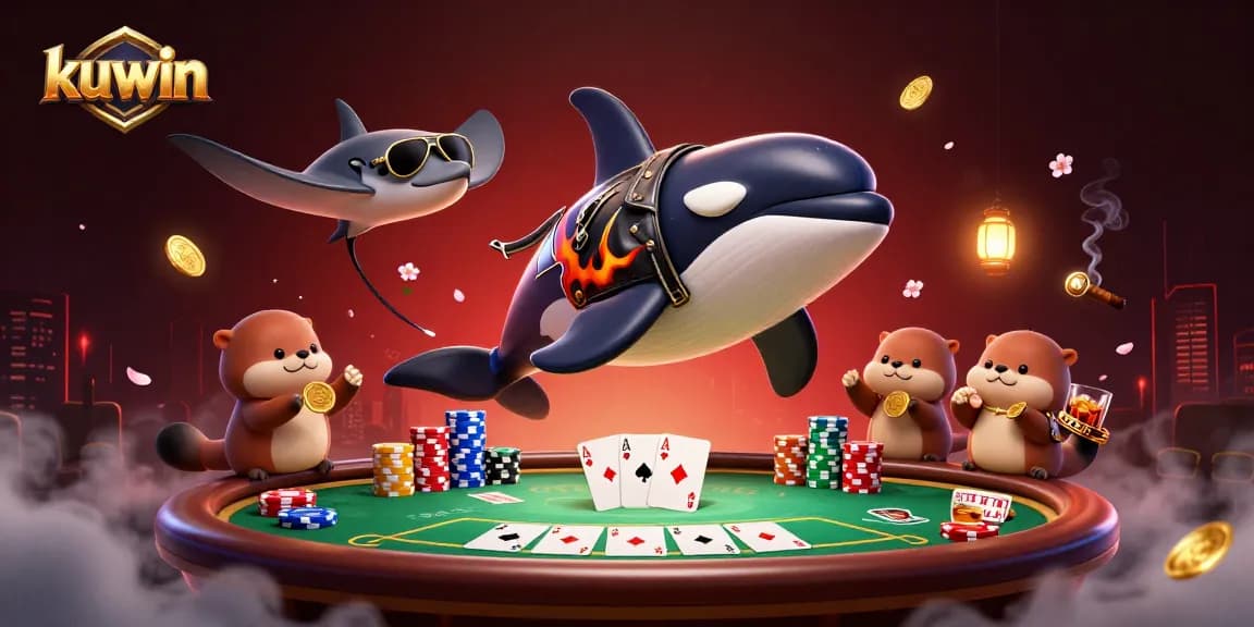 Play exciting games at kuwin, featuring a lively scene with an orca and sea otters surrounded by poker elements.