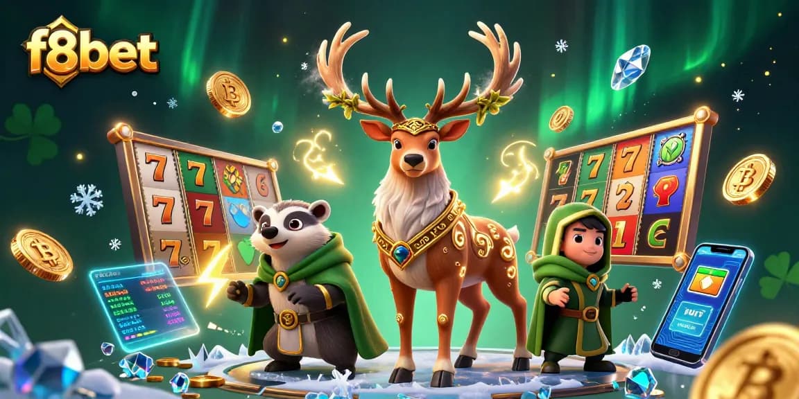Engage with f8bet through vibrant slot gaming visuals featuring 3D characters and crypto elements.