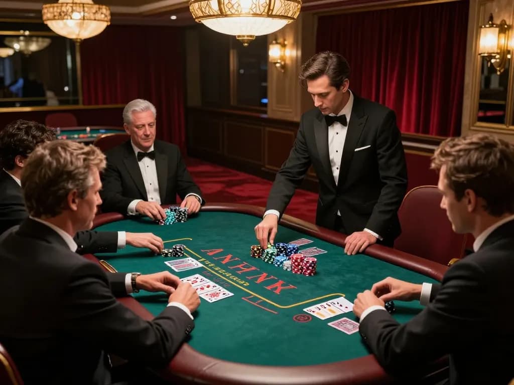 va88 blackjack players focused on strategy, dealer managing cards and chips, upscale casino setting