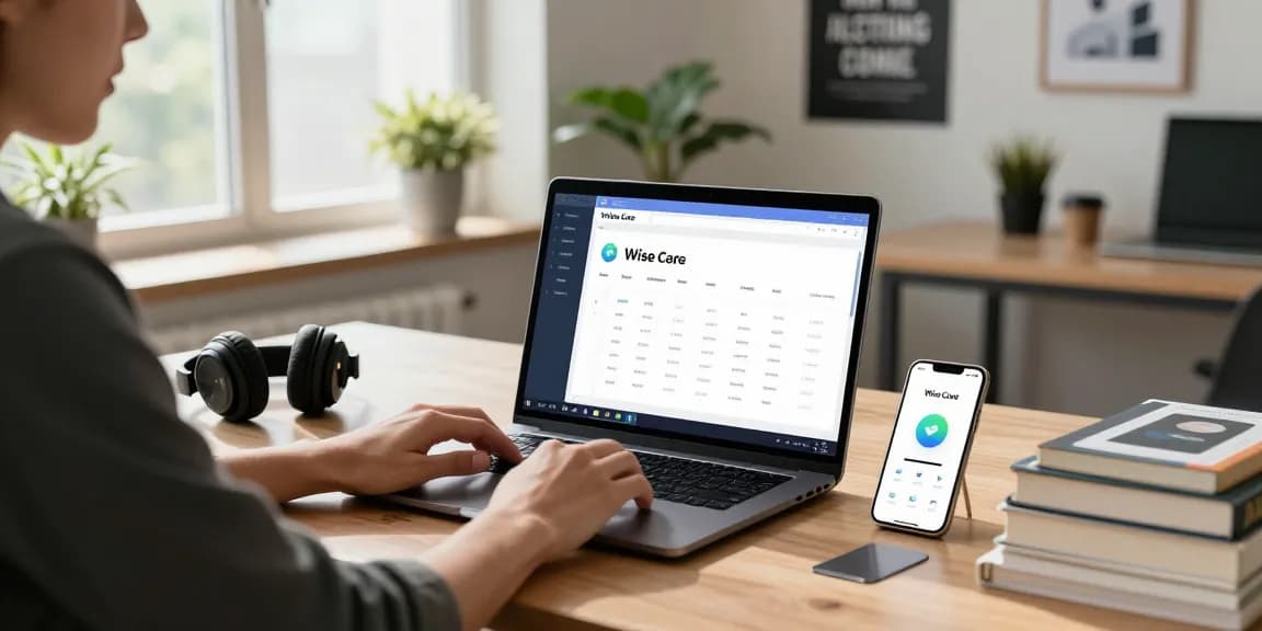 Wise Care optimization software open on a laptop at a modern workspace, featuring rokok88 link alternatif and system health metrics.