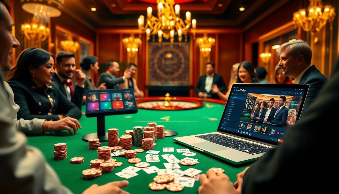 Experience the thrill of rikvip poker with vibrant chips and cards at an elegant casino table.