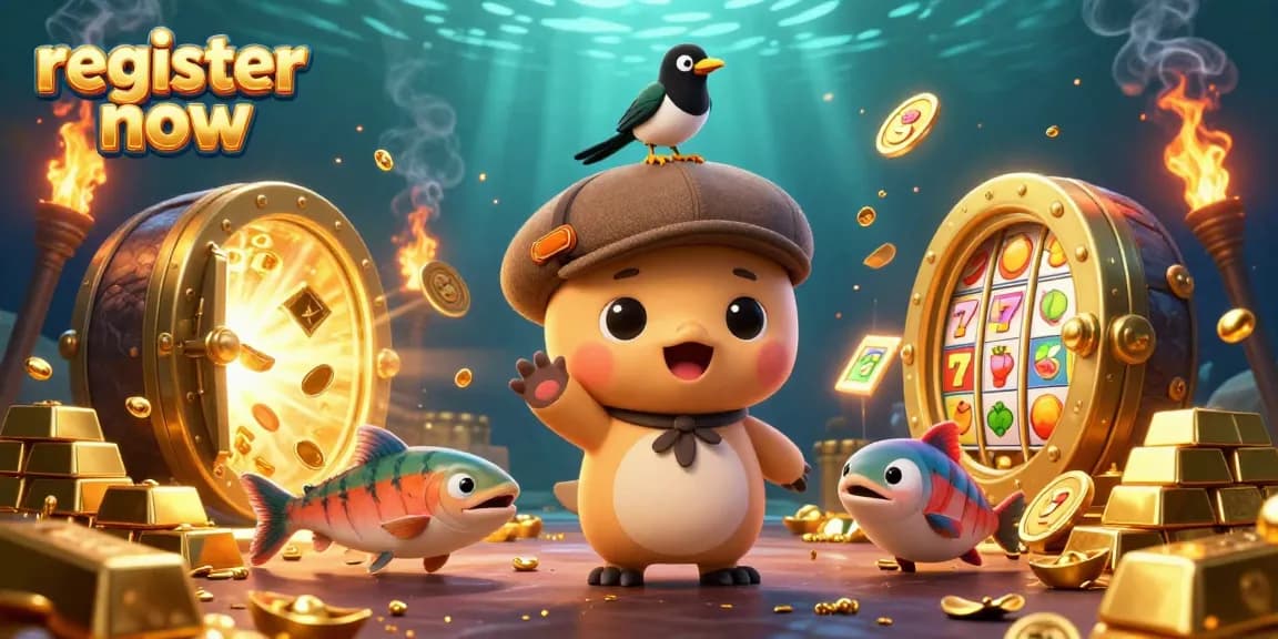 Register now to enjoy a vibrant casino atmosphere with 3D cartoon characters and golden treasures.