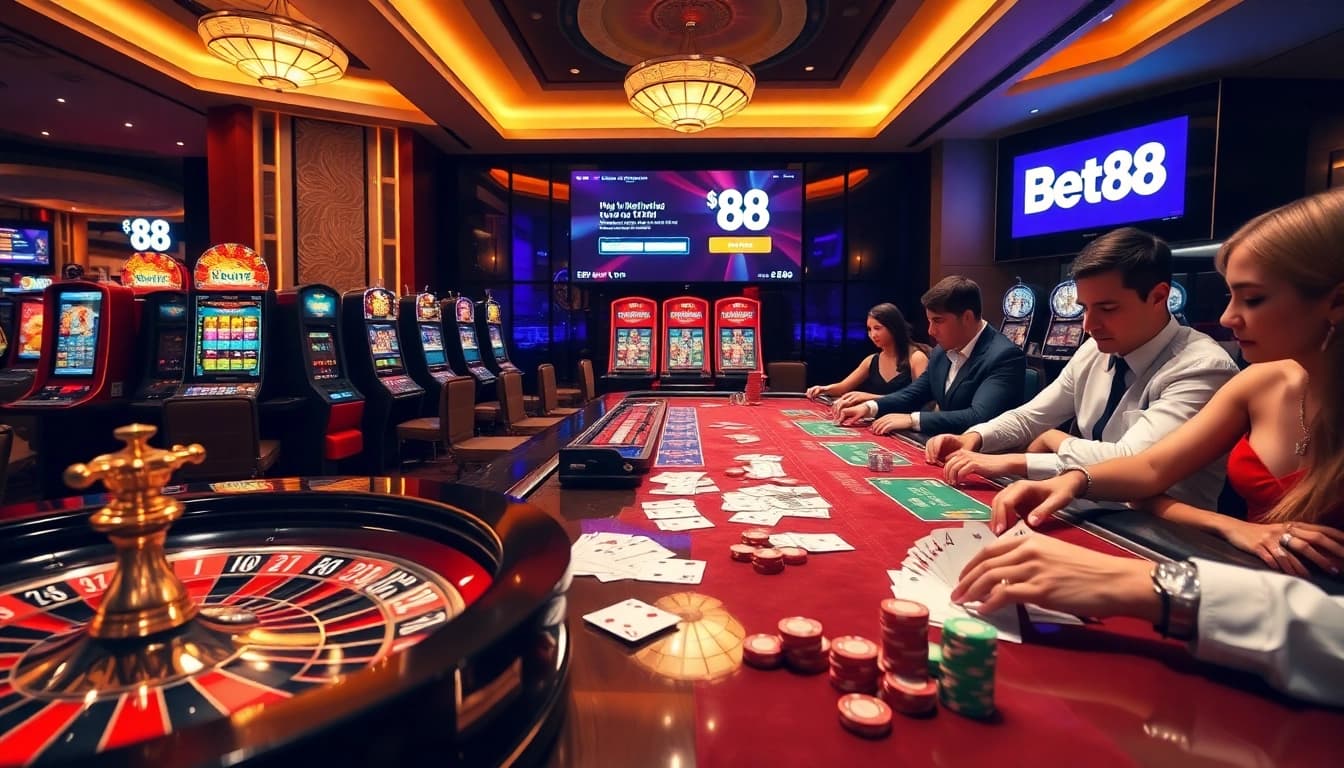Exciting casino scene with players engaging in thrilling games showcasing Bet88 đăng nhập on a digital display.